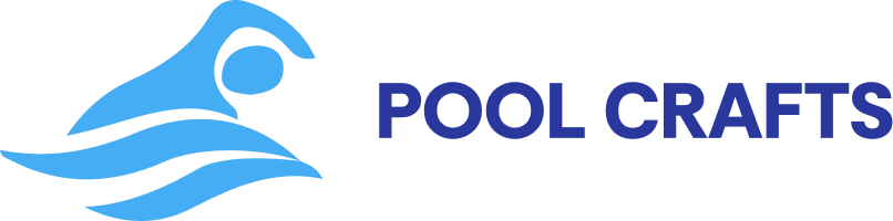 Blue swimmer icon above waves next to the words POOL CRAFTS in bold blue letters on a light background.