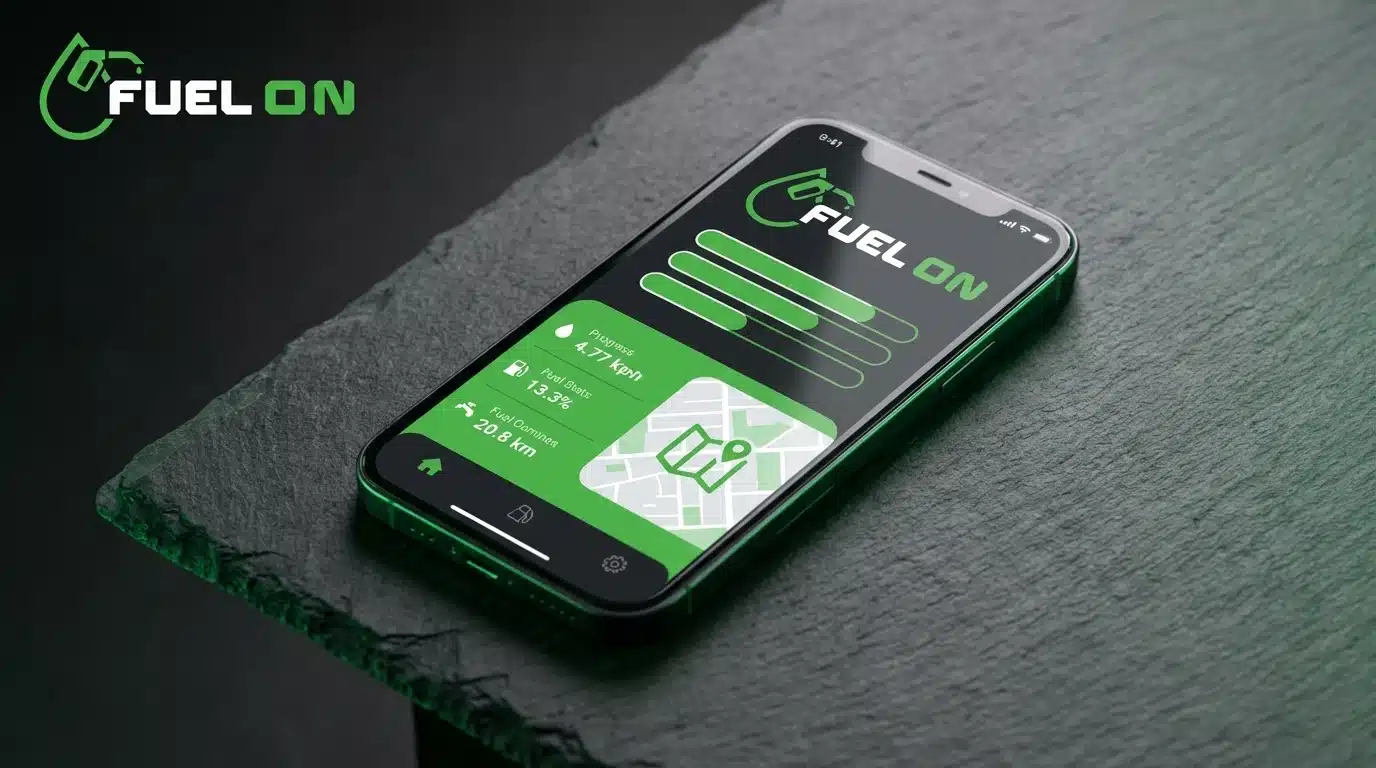 A smartphone displays the Fuel On app with fuel efficiency data, navigation, and stats on a dark stone surface; Fuel On logo is shown in the top left corner.