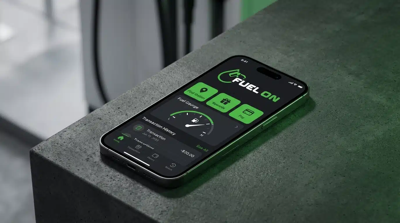 A smartphone displays the Fuel On app interface featuring options such as fuel gauge, map, offers, car care, and transaction history, placed on a gray surface.