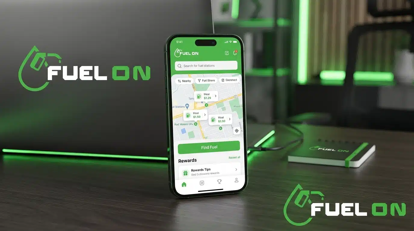 A smartphone displays the Fuel On app with a map interface on a desk beside a laptop and branded items, all featuring green accents and Fuel On logos.