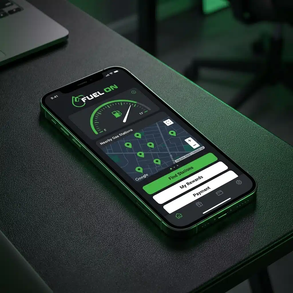 A smartphone displaying a fuel app with a map, location pins, and menu options for field status, rewards, and payment rests on a dark desk.