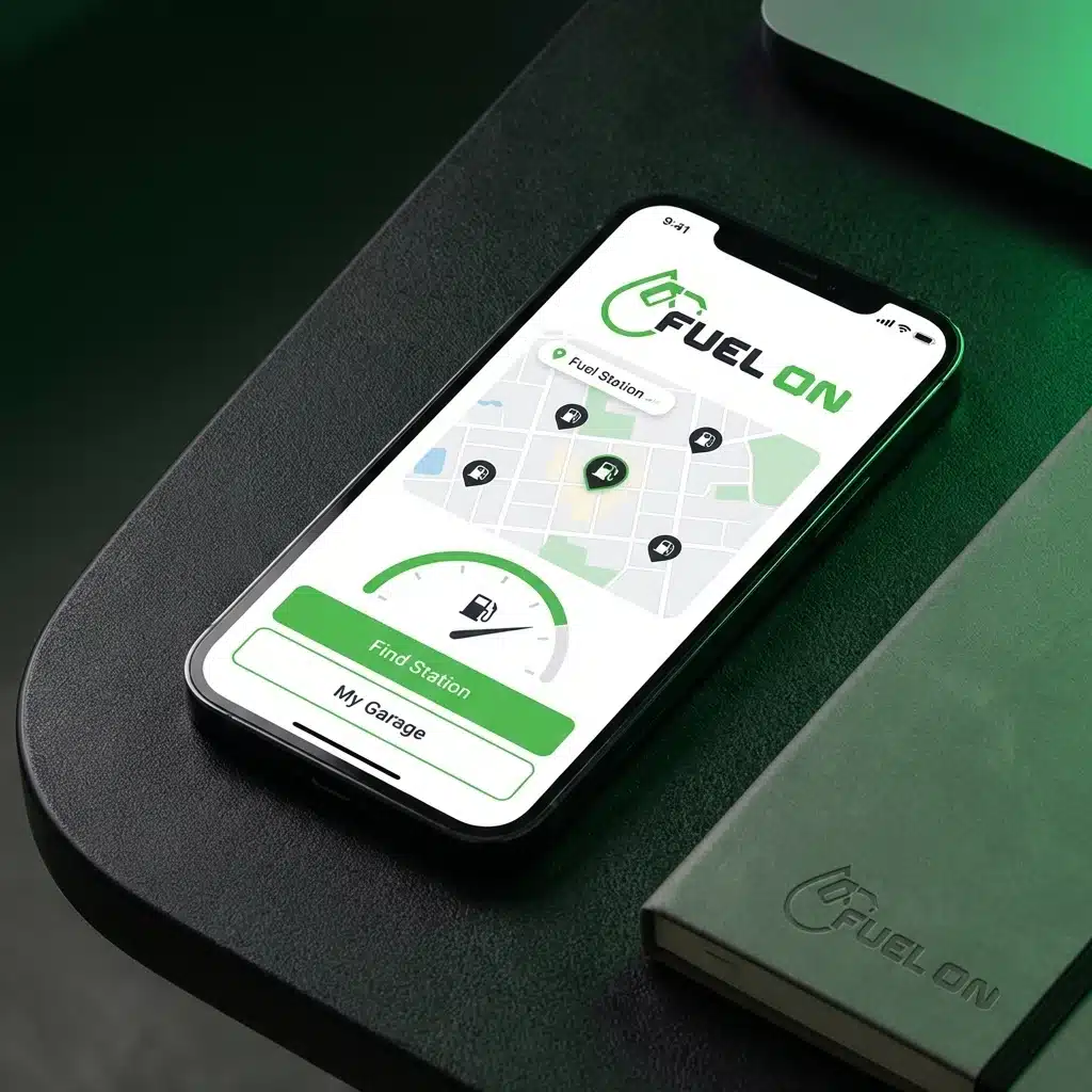 A smartphone displays the Fuel On app showing a map with nearby fuel stations, placed on a dark surface next to a closed notebook with the same logo.