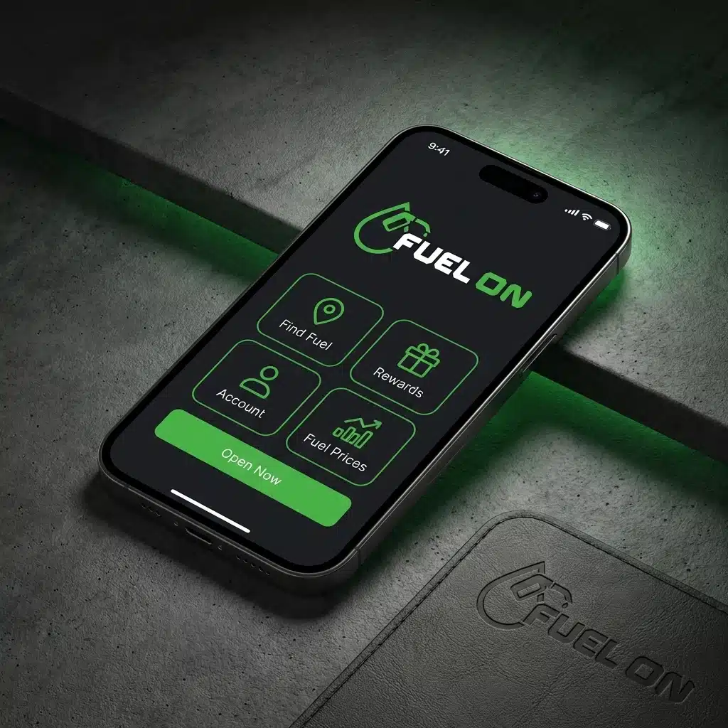 A smartphone displays the Fuel On app home screen with options for Find Fuel, Rewards, Account, and Fuel Prices, placed on a gray surface with green lighting.